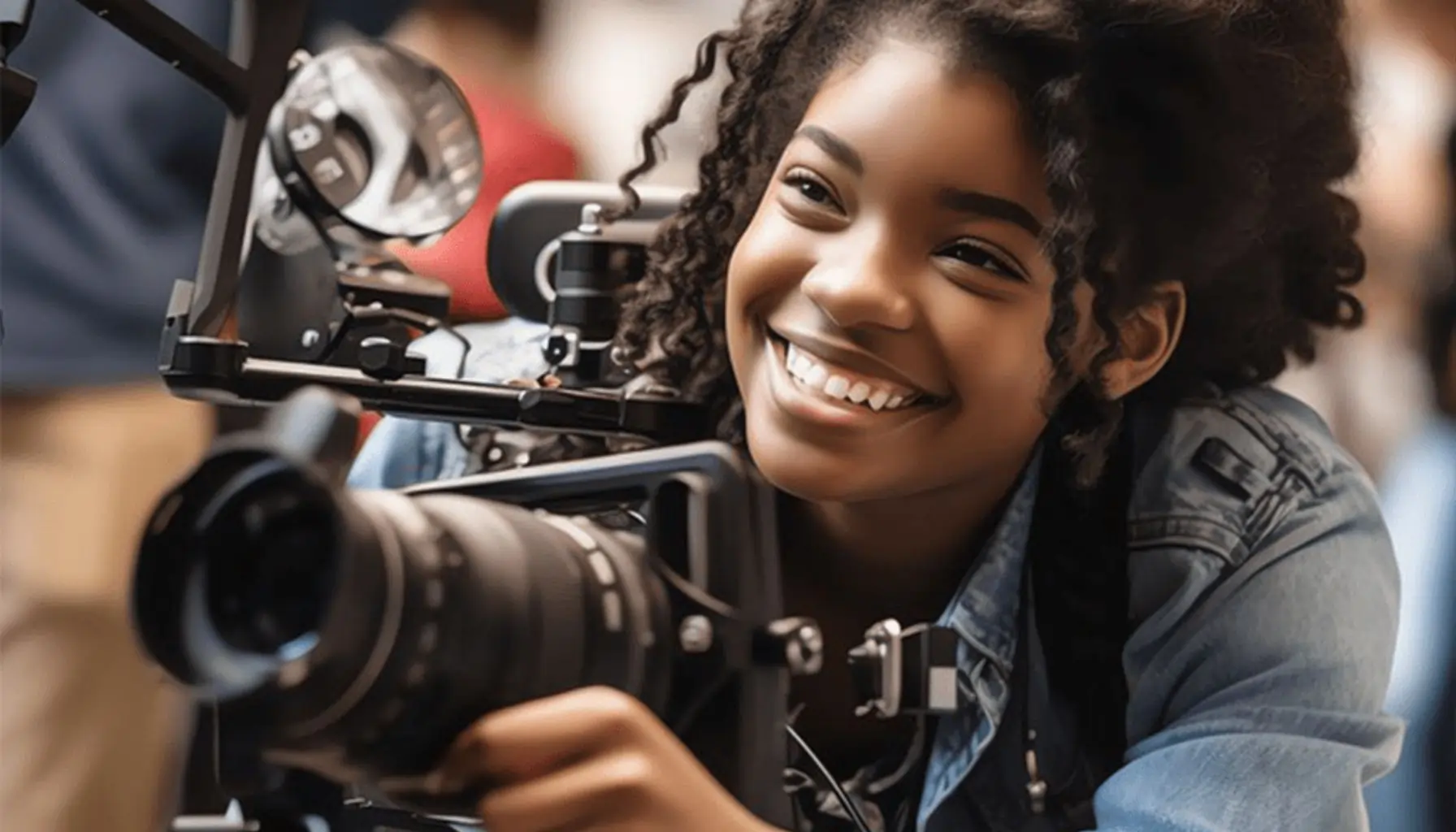 A person captures footage with a professional camera, focused and engaged in their craft, in a dynamic and vibrant environment, highlighting National Disability Employment Awareness Month (NDEAM).