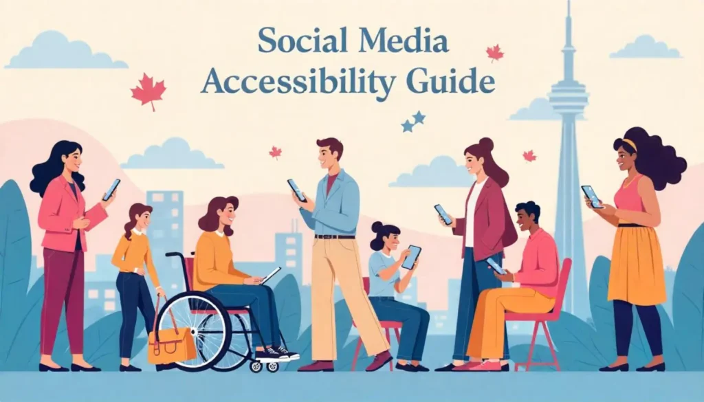 A diverse group of people engage in conversation and work, surrounded by floating social media icons and elements representing connectivity. Social Media Accessibility Guide for Canadians.