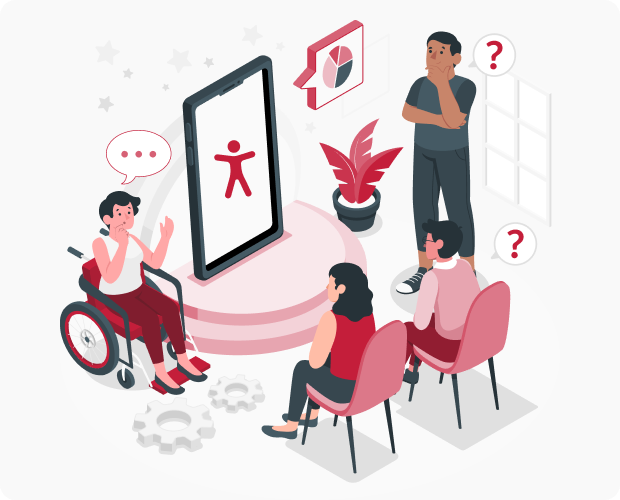 An illustration of a group brainstorming around a mobile device. A person in a wheelchair is speaking and some participants have questions for accessibility training.