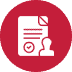 A red circular icon featuring a white document with a checkmark and a user silhouette, symbolizing compliance documentation.