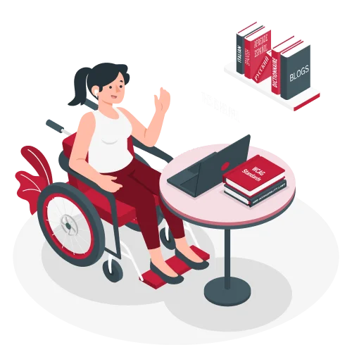 Illustration of a person in a wheelchair using a laptop to participate in a meeting. Various books are beside the laptop and on a nearby shelf for accessibility resources.