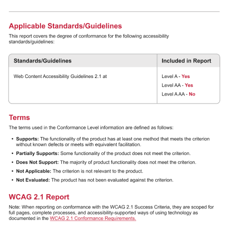 VPAT report section showing applicable accessibility standards, terms definitions, and WCAG 2.1 report guidelines for conformance evaluation.