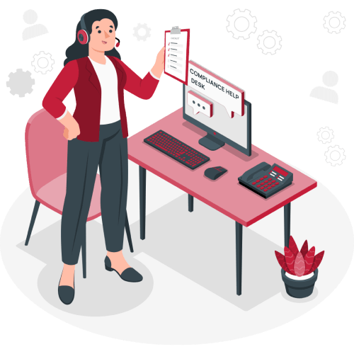 Illustration of a compliance help desk representative wearing a headset and helping a caller at accessibility services.