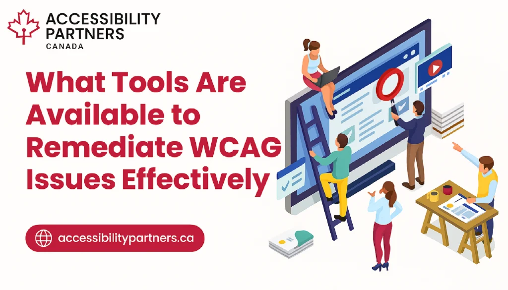 Illustration of diverse people collaborating on a large screen to explore what tools are available to remediate WCAG issues effectively, showcasing teamwork and accessibility solutions.