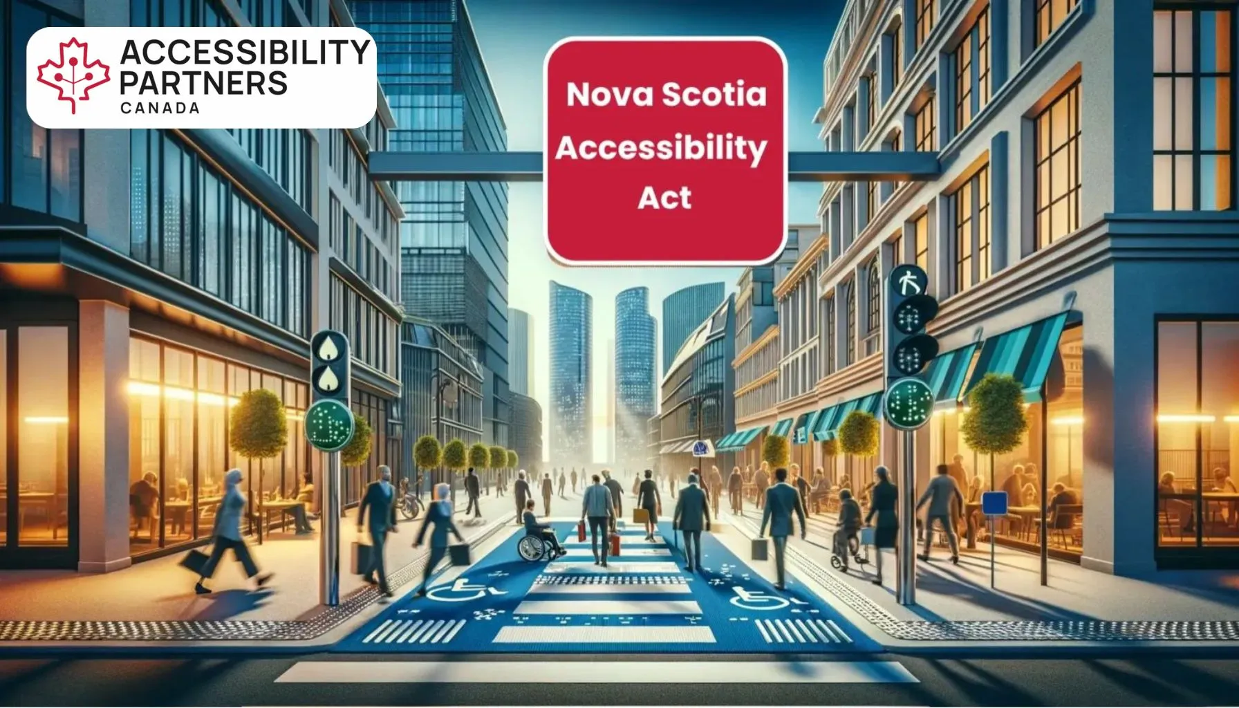 A vibrant city street scene in Nova Scotia, showcasing pedestrians, cyclists, and accessible pathways, reflecting the goals of the Nova Scotia Accessibility Act to create inclusive, barrier-free public spaces.