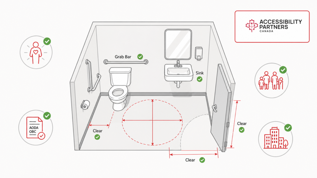 accessible washroom layout shows grab bars, sink access, clear floor space, door clearance, compliance cues, and Accessibility Partners branding.