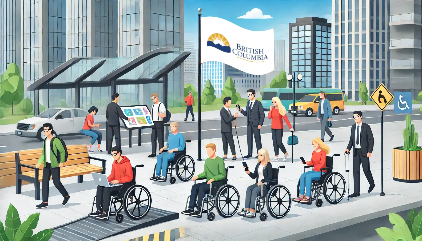 A busy street scene shows a mix of people, including those using wheelchairs, near a British Columbia flag. The area has buildings, trees, bus stops, and signs promoting accessibility, reflecting the Accessible BC Act.