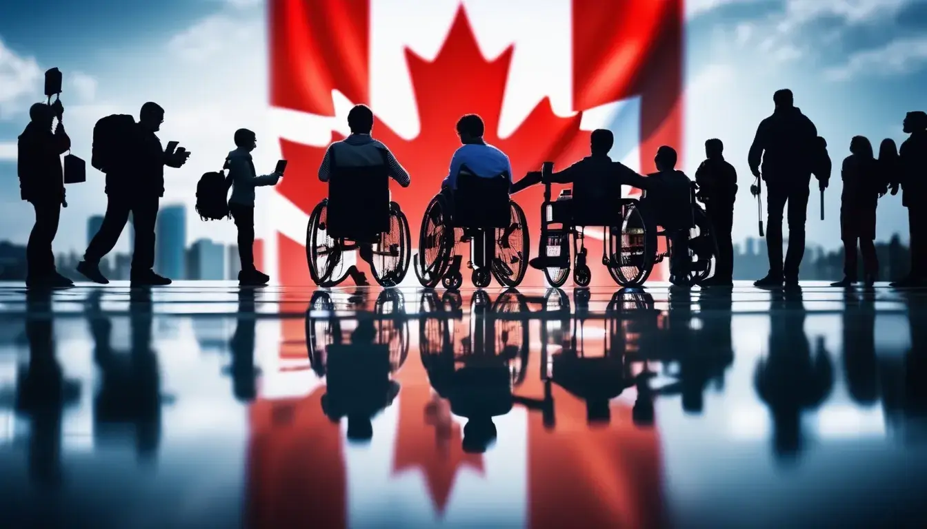 Silhouettes of people in wheelchairs facing a large Canadian flag, with additional figures in the background capturing the moment.