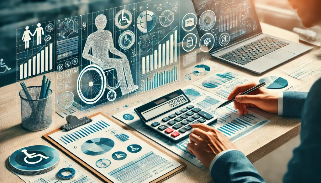 A person in a suit calculates accessibility audit cost on a calculator while reviewing accessibility audit analysis charts. A laptop, disability icons, graphs, and a depiction of a person in a wheelchair are visually overlaid, suggesting a focus on accessibility auditing and financial analysis.