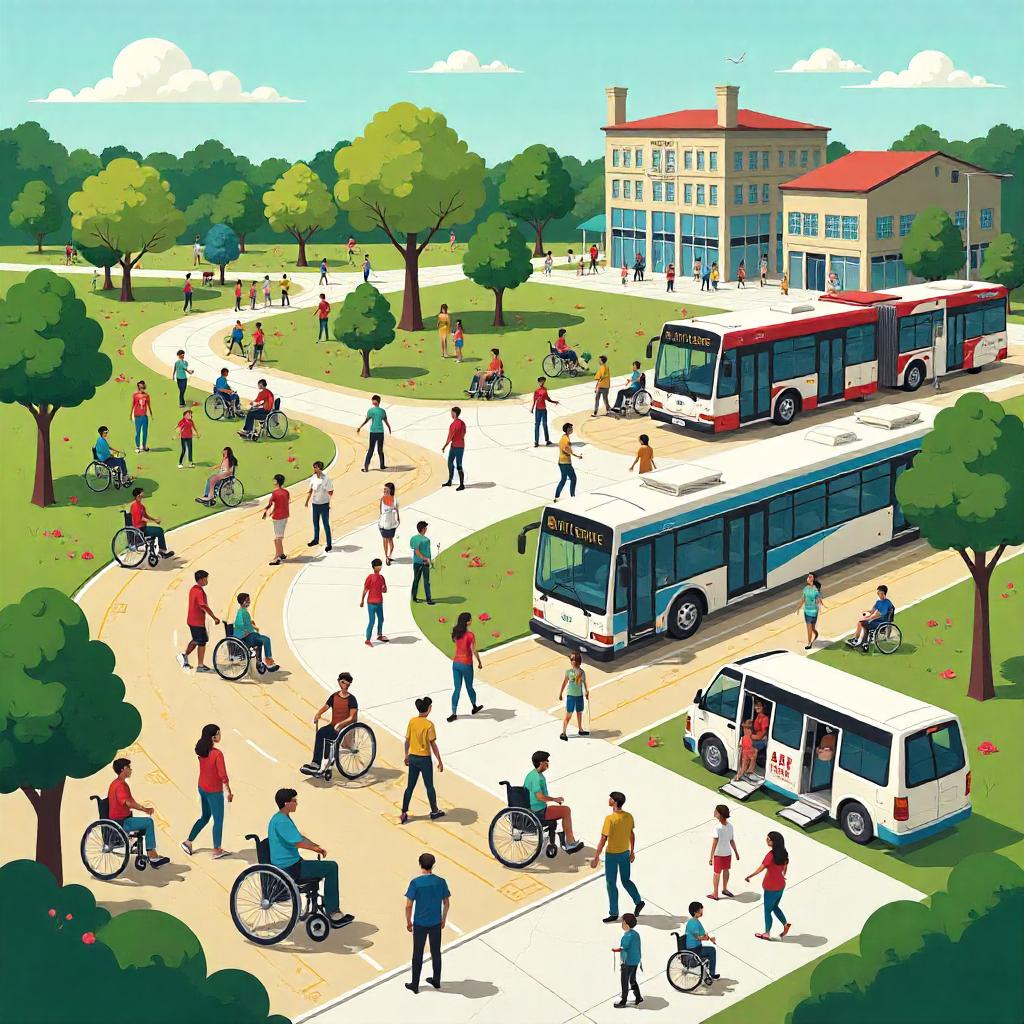 People of various abilities walking and biking in a park, alongside buses, highlighting inclusivity as per AODA standards.