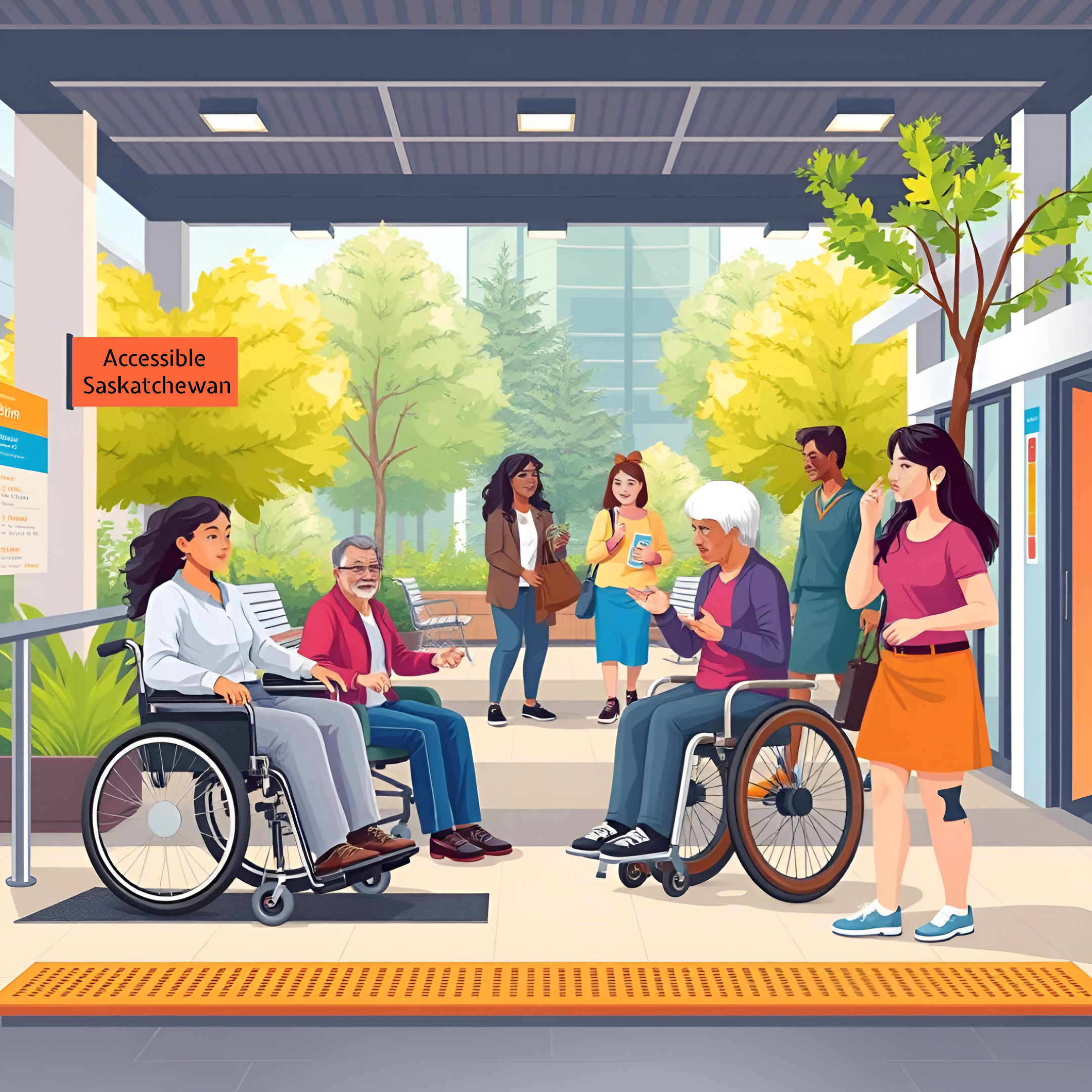 Individuals in wheelchairs patiently awaiting an elevator in a hospital setting, highlighting accessibility needs in built environment.