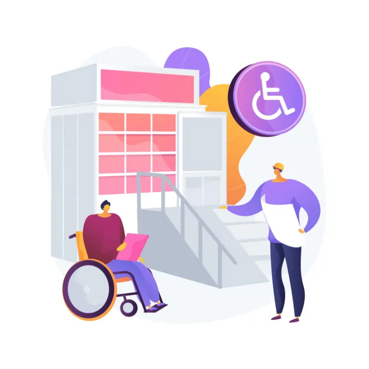 A person in a wheelchair reviews a document while another person, a Building Accessibility Consultant, explains building accessibility features near a ramp and disability symbol.