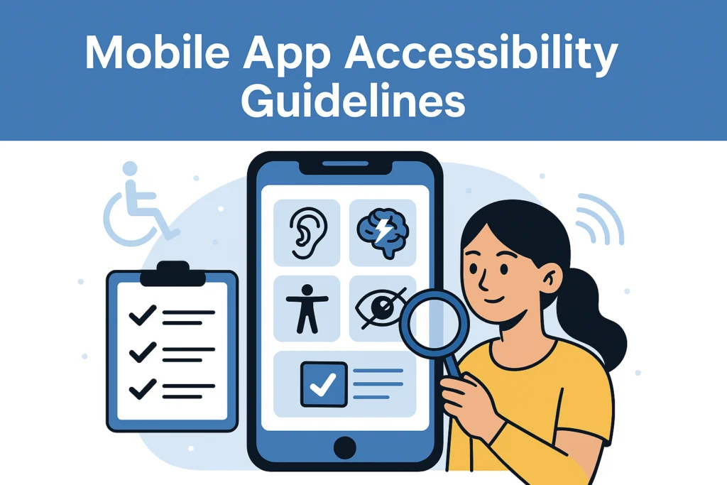 Illustration depicting mobile app accessibility guidelines, featuring icons for various accessibility features on a smartphone and a checklist.