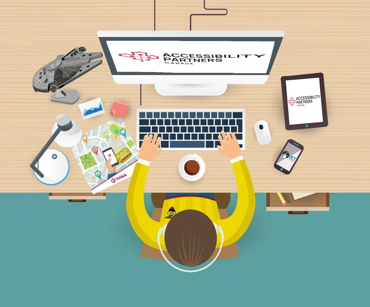 Illustration of a accessible website developer at a computer desk with a cup of coffee, keyboard, and office items.