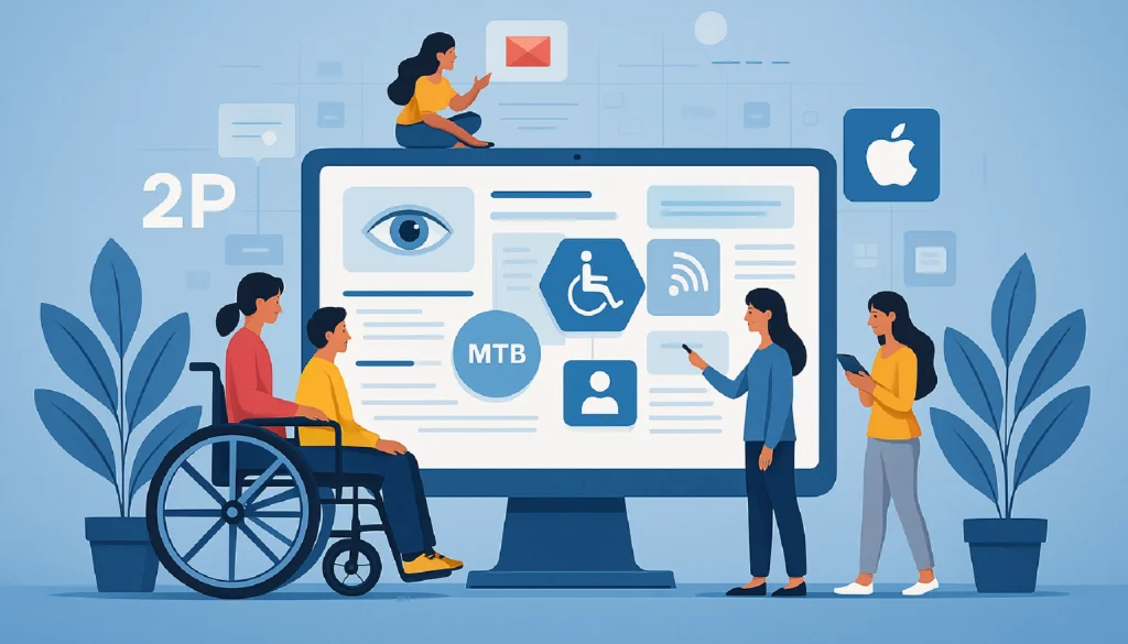A group of diverse individuals engages with a large computer screen, featuring accessibility symbols and digital interfaces.