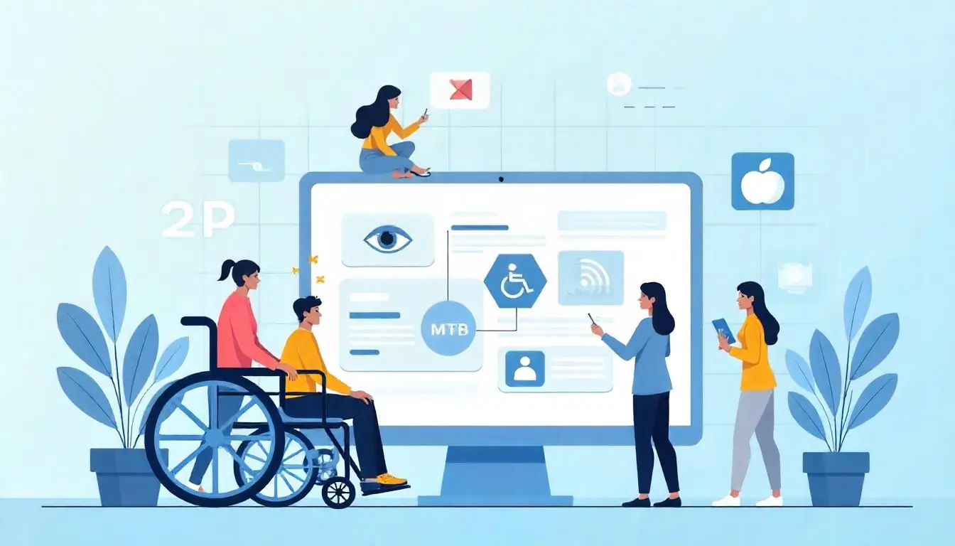 Accessibility Guidelines for UX Designers: A group of diverse individuals engages with a large computer screen, featuring accessibility symbols and digital interfaces.