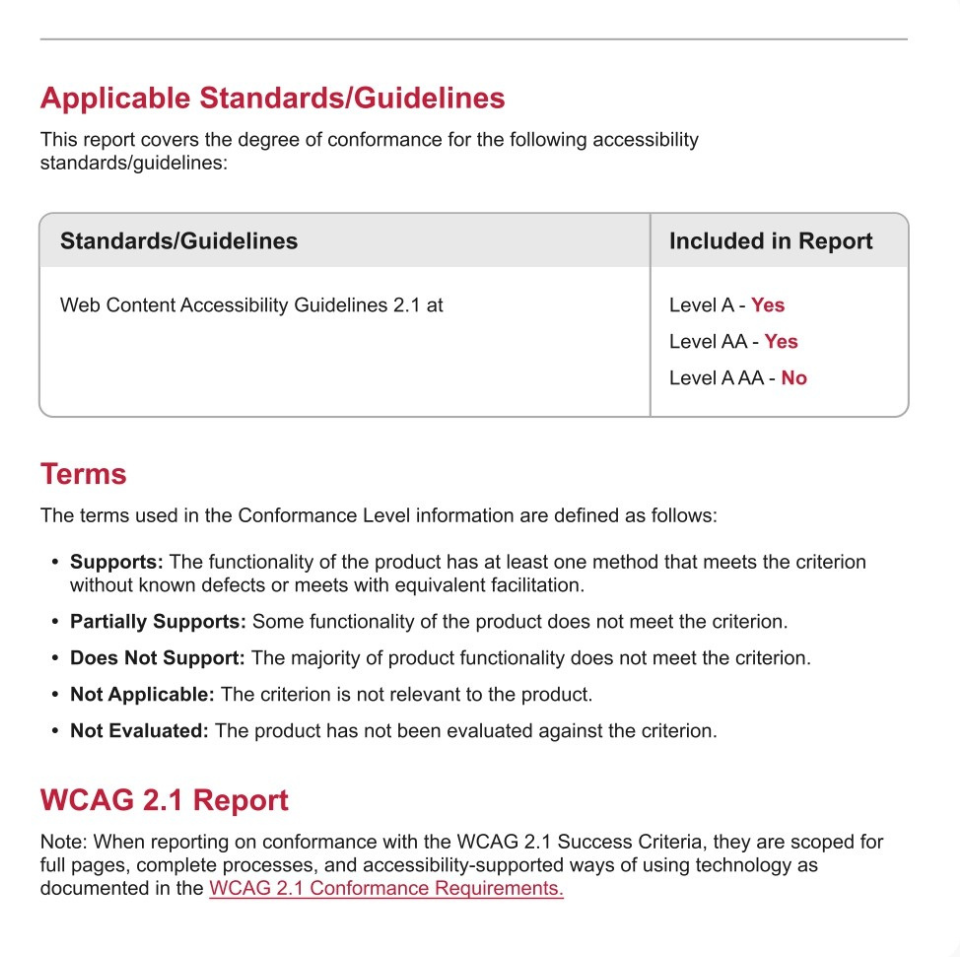 VPAT report section showing applicable accessibility standards, terms definitions, and WCAG 2.1 report guidelines for conformance evaluation.