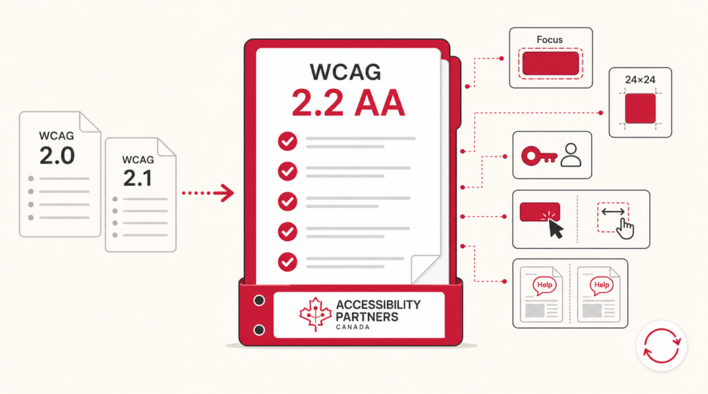 branded checklist shows the progression from WCAG 2.0 and 2.1 to WCAG 2.2 AA, with cues for visible focus, target size, authentication, interaction alternatives, and consistent help.