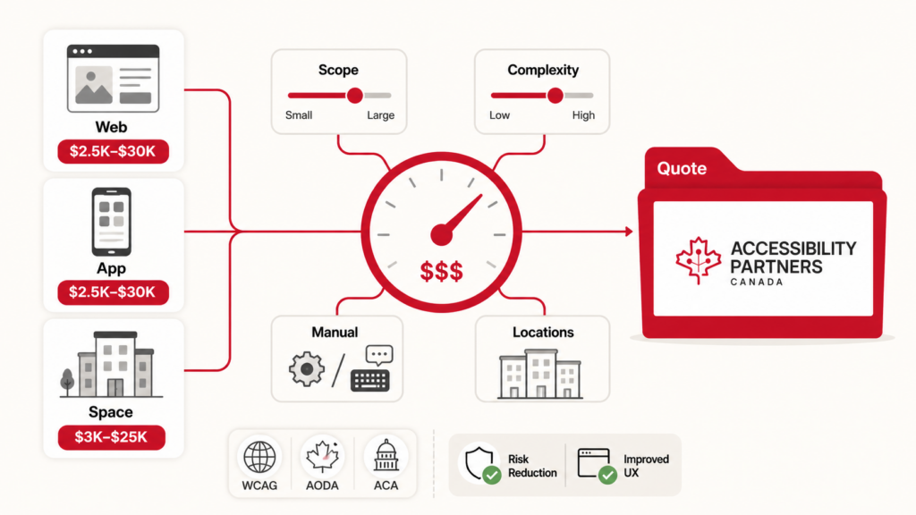 Website, app, and physical-space audit types combine with scope, complexity, manual testing, and location factors to produce a branded custom quote.