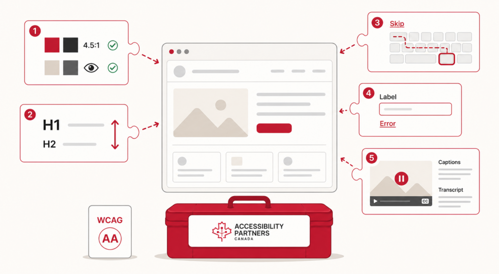 A branded UX construction kit assembles accessible colour contrast, resizable headings, keyboard navigation, labeled forms, captions, and transcripts into one interface.