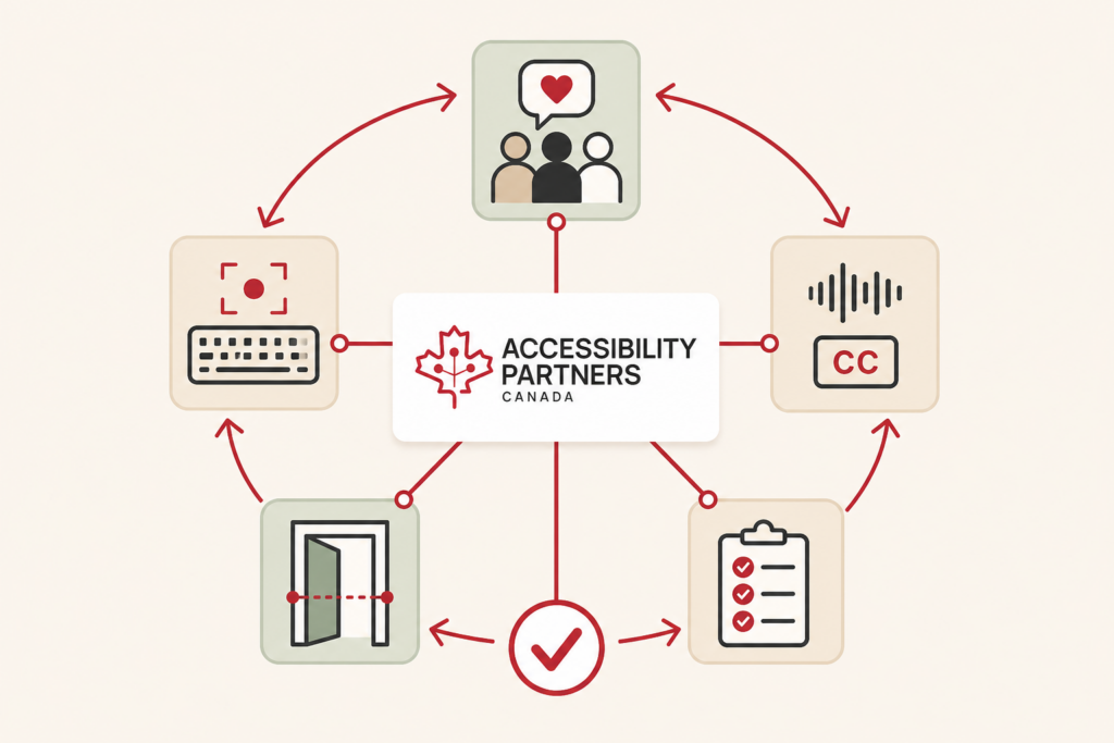 Lived experience, digital access, captions, facilities, and policy form a continuous advisory and accountability loop.
