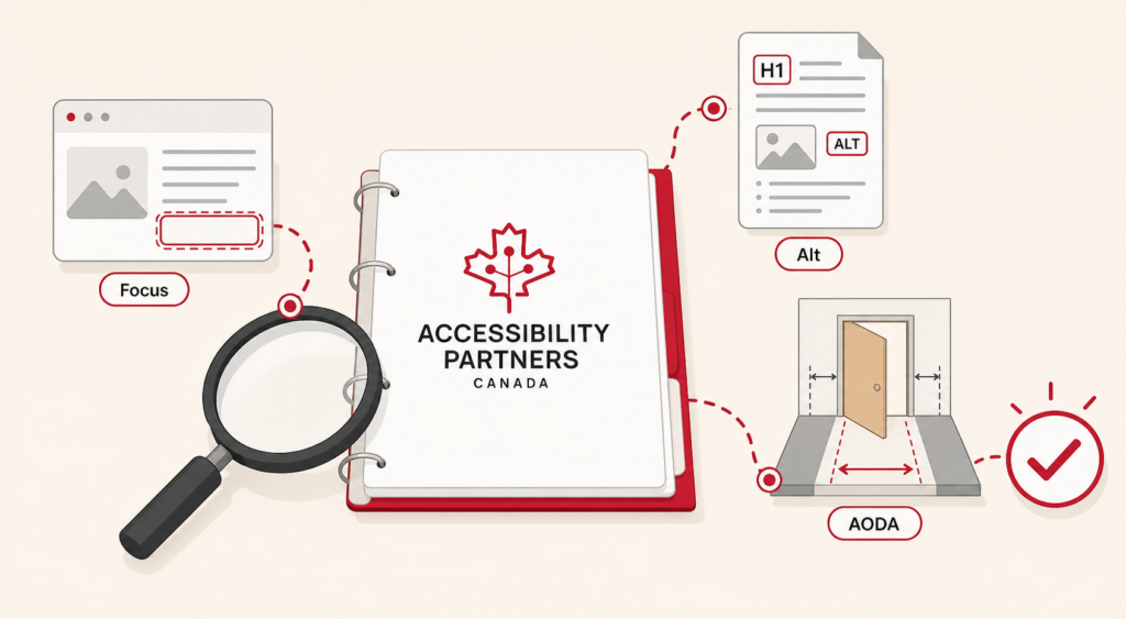 An accessibility audit reviews website focus, document structure, and entrance clearance before confirming AODA compliance.