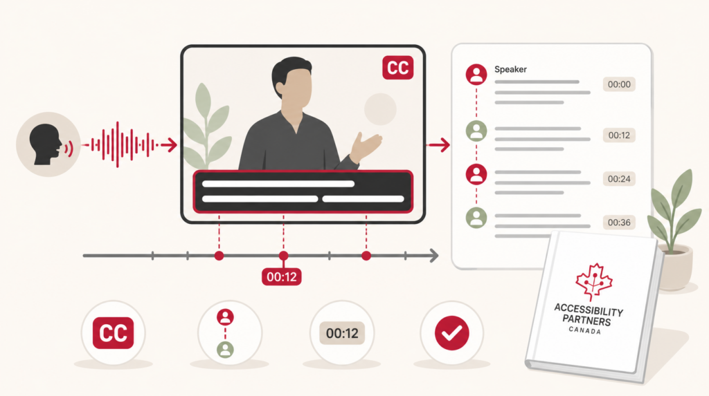 Speech becomes synchronized captions and a transcript with speaker changes and timestamps.