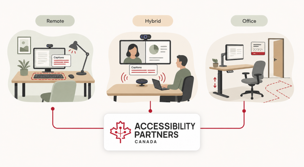 Remote, hybrid, and office workspaces use captions, keyboard access, adjustable furniture, and clear circulation.