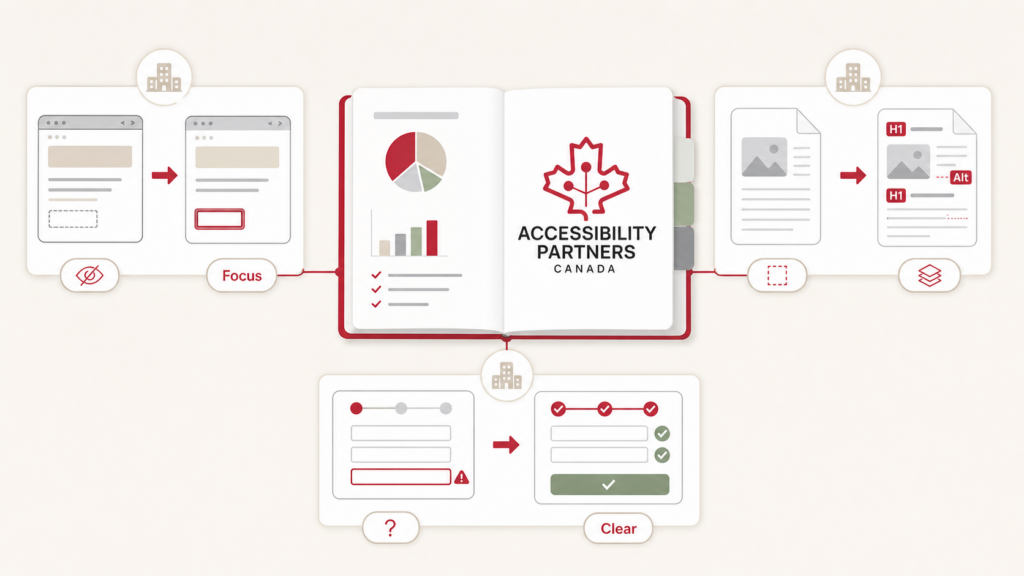 Three anonymous case studies show improved keyboard focus, document structure, alt text, and form completion.