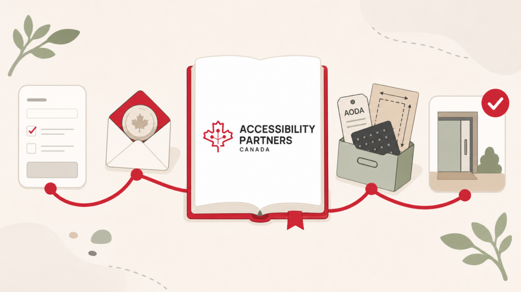 A guided path connects an application, grant funding, accessibility resources, and a completed accessible entrance.