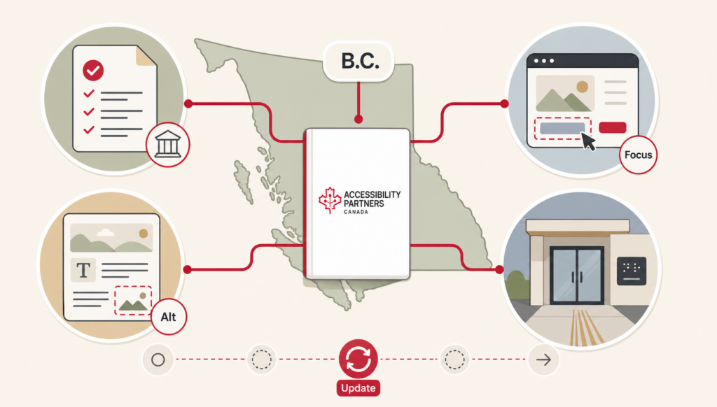 A B.C. map connects updated accessibility requirements for policy, websites, communications, and public facilities.