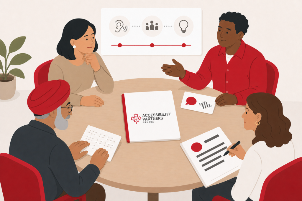 Four people collaborate around a table using audio, large-print, and Braille materials during an accessible consultation.