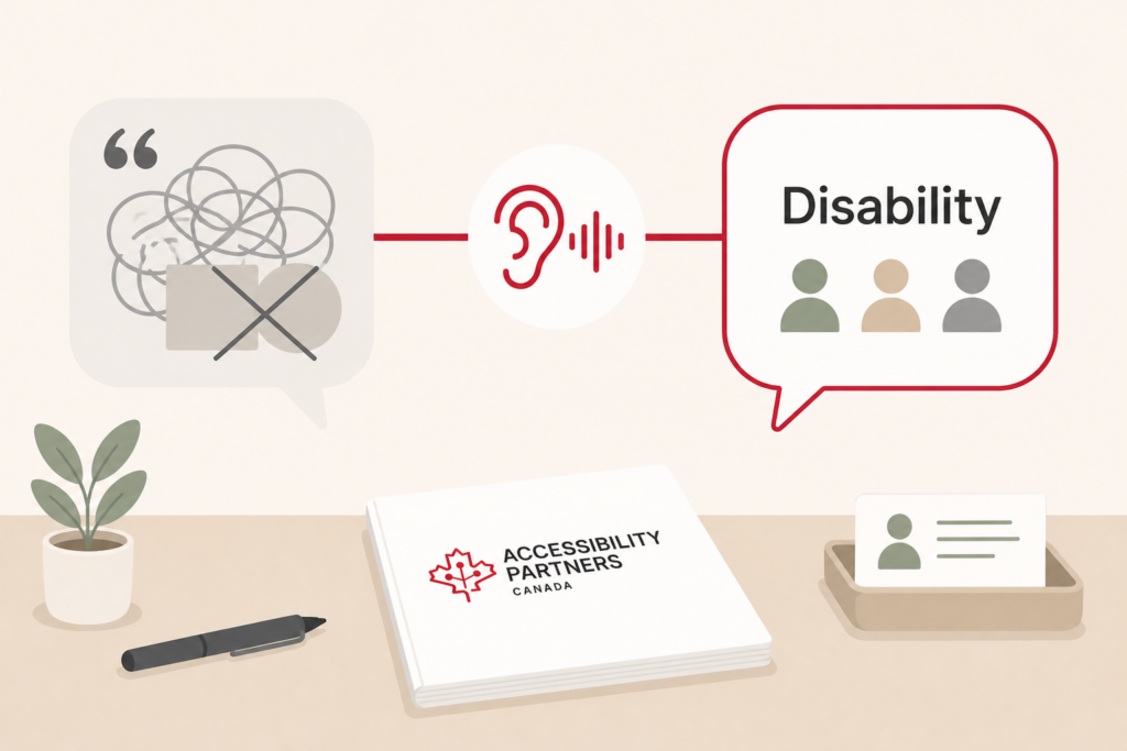 Tangled, obscuring language passes through listening and becomes the clear, respectful word “Disability.”