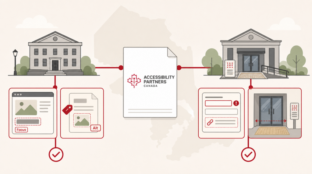 Two anonymous municipalities improve web focus, document alt text, online forms, and accessible civic entrances.