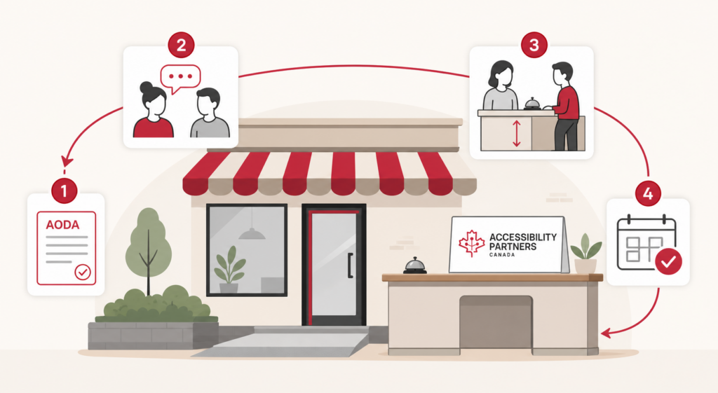 Four practical AODA steps surround a small storefront with a level entrance and reachable service counter.
