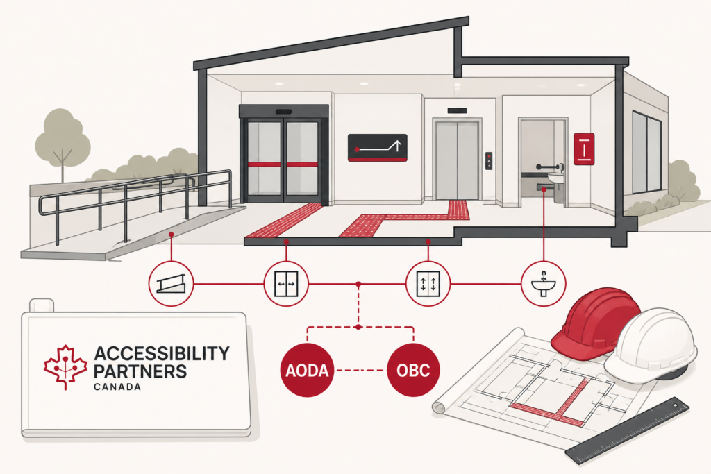 Accessible building plan showing a ramp, automatic entrance, tactile path, elevator, and washroom designed to AODA and OBC standards.