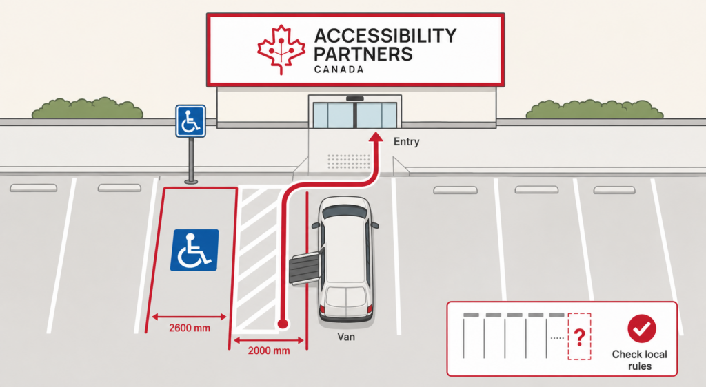 A branded parking plan shows a 2600 mm accessible space, 2000 mm access aisle, van ramp clearance, signage, and a curb-free route to the entrance.
