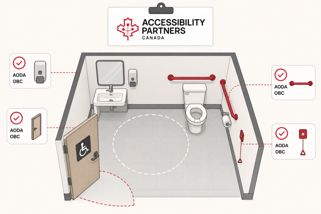 Accessible washroom plan showing clear turning space, grab bars, sink access, door clearance, tactile signage, and an emergency call control.