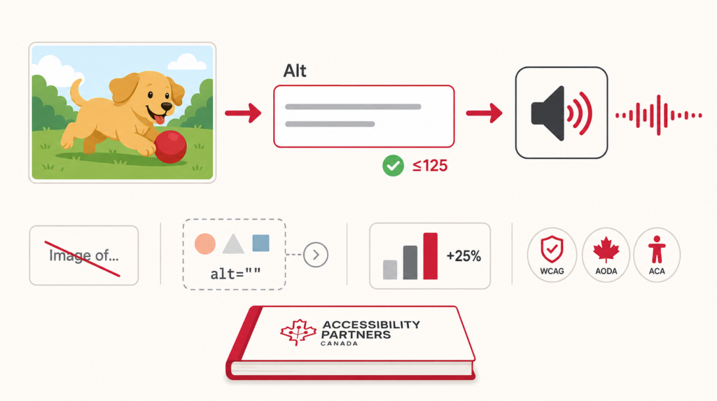 A puppy image is translated into concise ALT text and screen-reader audio, with cues for brevity, context, and empty ALT for decorative images.