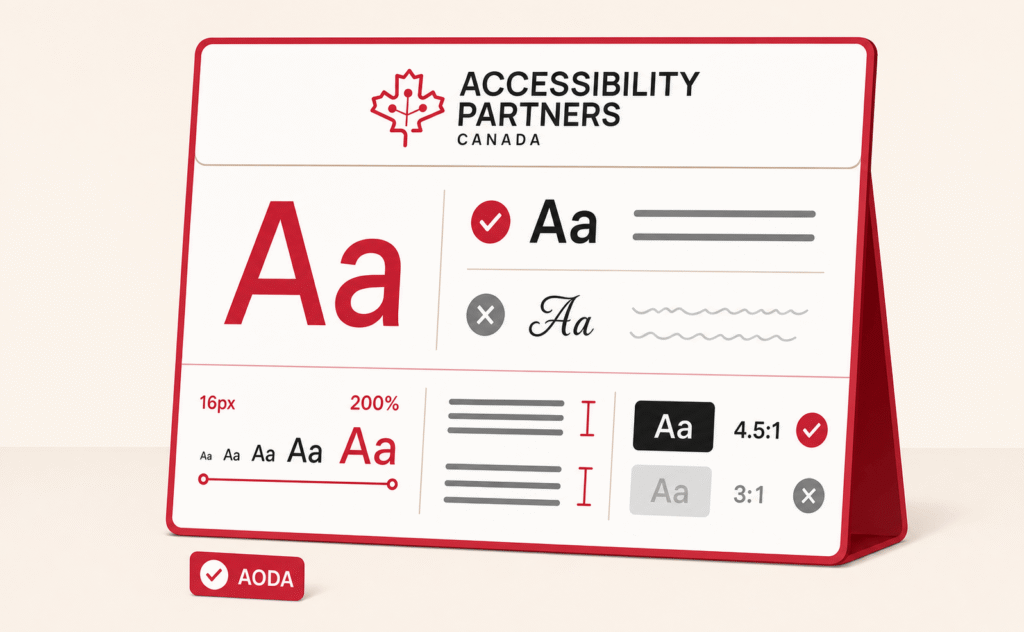 A branded typography guide compares clear and decorative fonts while demonstrating text scaling, spacing, and accessible contrast.