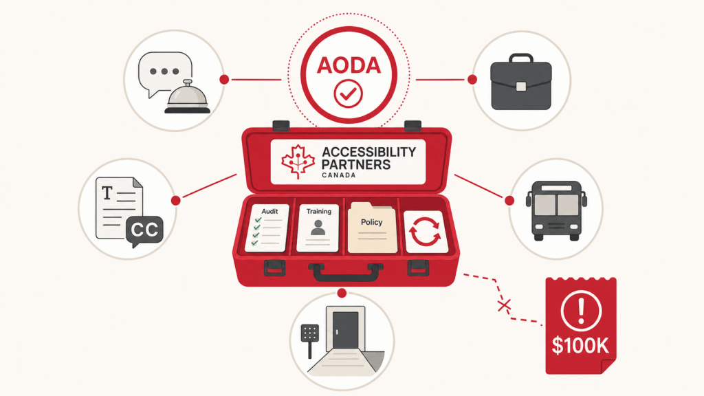 A branded compliance toolkit connects audits, training, policies, and monitoring to five AODA standards, with a $100,000 penalty warning for non-compliance.