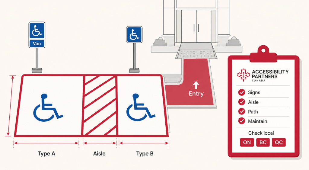 Type A van-accessible and Type B parking spaces share an access aisle connected to a curb-free entrance, alongside a branded inspection checklist for signs, paths, and maintenance.
