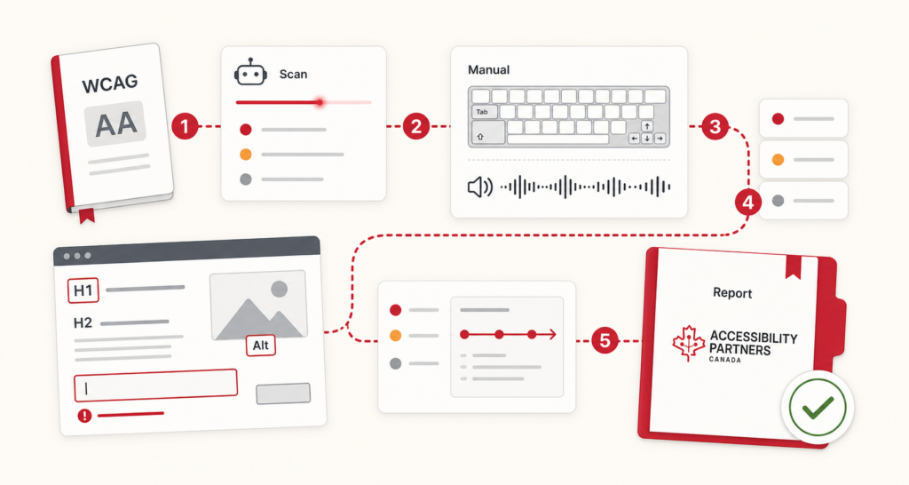 A branded workflow combines automated scanning, keyboard and screen-reader testing, issue prioritization, remediation planning, and a validated accessibility report.