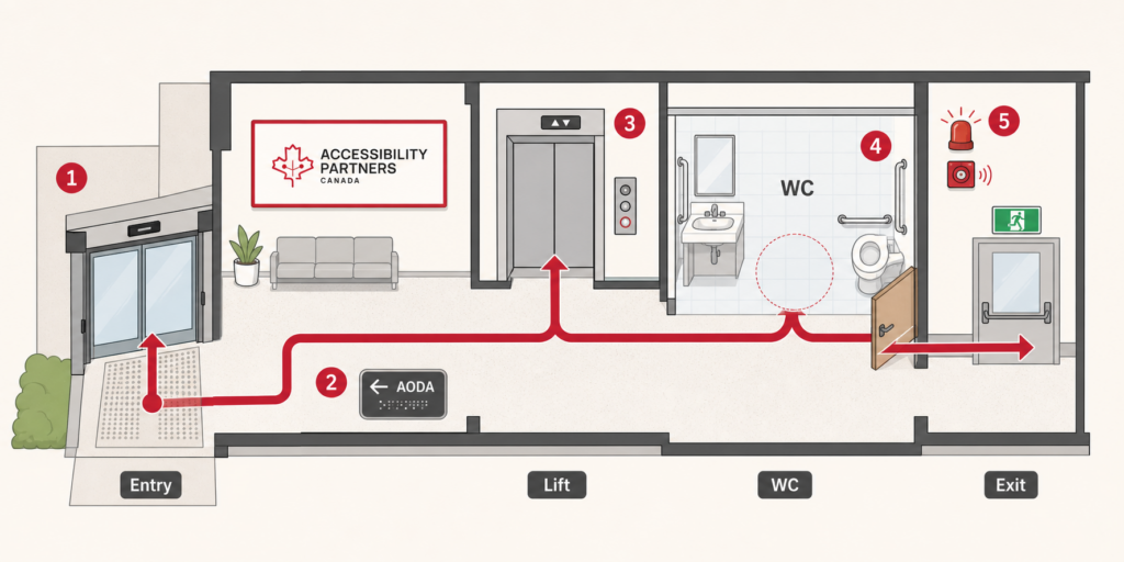 A branded building plan traces an accessible route from an automatic entrance past tactile signage, a lift, an accessible restroom, and visual and audible emergency alarms.