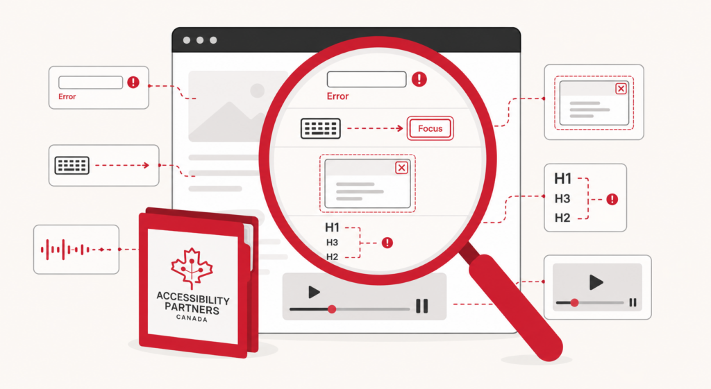 A magnifying glass reveals overlooked web accessibility barriers, with a branded Accessibility Partners audit report beside the webpage.
