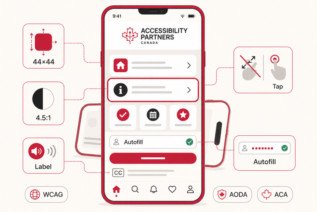 A branded mobile app demonstrates large touch targets, strong contrast, screen-reader labels, simple tap controls, autofill, captions, and consistent navigation.