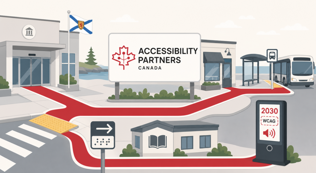 A barrier-free route connects Nova Scotia’s public buildings, education, transportation, businesses, and WCAG-ready digital services toward the 2030 goal.