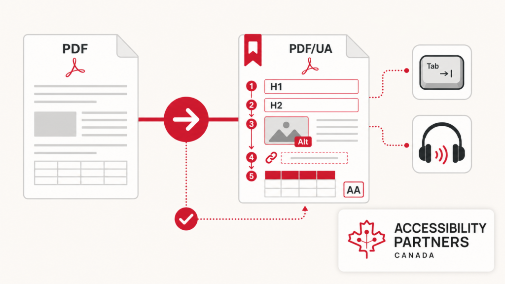 An unstructured PDF becomes an accessible PDF/UA document with headings, alt text, logical reading order, links, table headers, and assistive-technology testing.