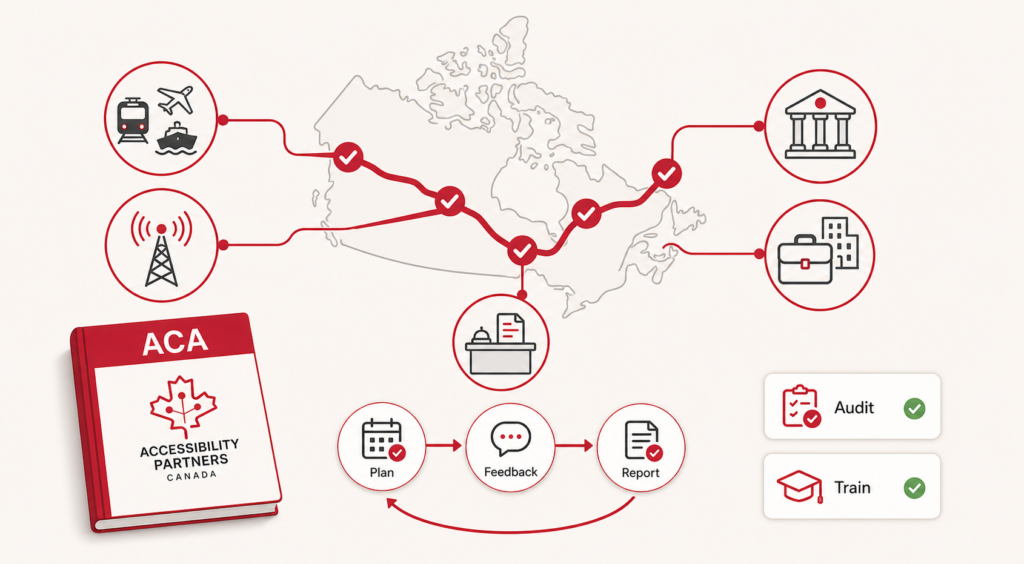 A branded ACA guide accompanies a Canada map connecting transportation, communications, banking, workplaces, and public services with a recurring Plan, Feedback, and Report cycle.