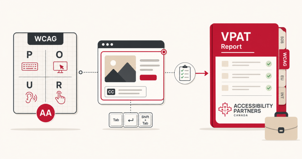 WCAG accessibility principles guide the design and testing of a digital product, while a branded VPAT report documents the verified results for procurement.